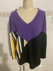 Stitching V-neck Long Sleeve Loose Plus Size Women's Clothing