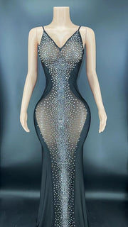 Drag Queen Dress, Drag Queen Gown, Drag Queen Outfit, Drag Queen Clothing, Women's Rhinestone Fringe Mesh Stretch Slim Dress