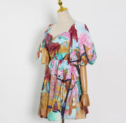 Hit Color Print Dress For Women V Neck Puff Short Sleeve High Waist Casual Mini Ball Gown Female