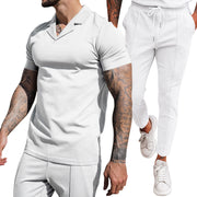 V Neck Casual Lapel Shirt Men's Short Sleeve Pants Suit (top and bottom)