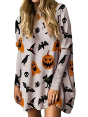 Explosive Christmas Cartoon Cat Print Loose Long Sleeve Shirt Dress