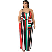 Loose plus size striped suspender dress