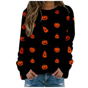 Halloween Pumpkin Head Bat Funny Sweater Women's Round Neck Pullover Print Long Sleeve