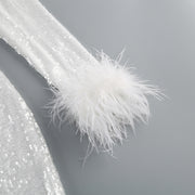 Women's Fashion Temperament Crew Neck Casual Feather Long Sleeve Sequins Dress