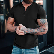 Gay Men's Muscle Fit Shirts, Men's Casual Henley Round Neck Short Sleeve Solid Color T-Shirt