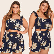 Ladies Plus Size Printed Suspender Shorts Two-piece Suit Set