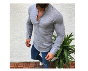 Summer men's plain linen short sleeved casual shirt with a stand-up collar