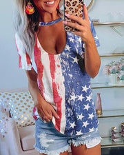 Slanted Shoulder Flag Print Short Sleeve