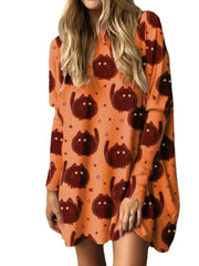 Explosive Christmas Cartoon Cat Print Loose Long Sleeve Shirt Dress