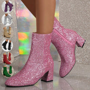 New Fashion Sequin Boots For Women Square Heel Side Zipper Shoes Lady Street Party Evening Boots Winter Autumn Spring