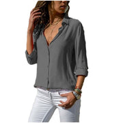 Lossky Women Tops Blouses Long Sleeve Solid V-Neck Chiffon Blouse Female Work Wear Shirts Blouse Plus Size