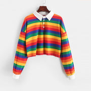 Gay Pride Polo Shirt Women Sweatshirt Long Sleeve Rainbow Color Ladies Hoodies With Button Striped Korean Style Sweatshirt Women