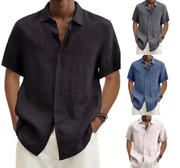 V-neck Button Cotton And Linen Solid Color Men's Trendy Shirt