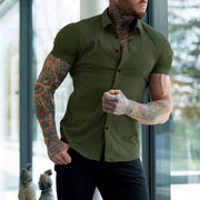 Men's Fashion Slim Solid Color Cardigan Short Sleeve Shirt