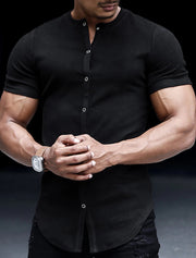 Gay Men's Muscle Fit Shirt, Men's Henley Stand Collar Solid Color Shirt