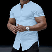Gay Men's Muscle Fit Shirt, Men's Henley Stand Collar Solid Color Shirt