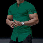 Gay Men's Muscle Fit Shirt, Men's Henley Stand Collar Solid Color Shirt