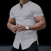 Gay Men's Muscle Fit Shirt, Men's Henley Stand Collar Solid Color Shirt