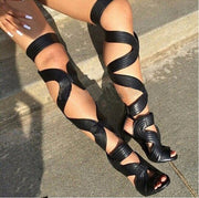 Long Stiletto Peep Toe Shoes S-type Thick Strap Wrap Around Sandal Boots