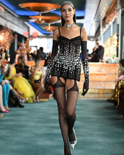 Drag Queen Dress, Drag Queen Gown, Drag Queen Outfit, Drag Queen Clothing, Rhinestone Fashionable Gloves Sexy Black Mesh Suspenders Dress