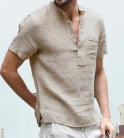 Gay Men's Muscle Fit Casual Linen Solid Color Shirt Button V Neck Beach Shirt Men Summer Tops