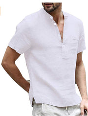 Gay Men's Muscle Fit Casual Linen Solid Color Shirt Button V Neck Beach Shirt Men Summer Tops