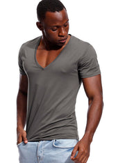 Gay Men's Slim Fit, Muscle Fit, Deep V Neck T Shirt For Men Low Cut Wide Vee Tee Male