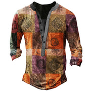 Rugged and Casual V-neck Long Sleeve Digital Print Slim Pullover Men's T-shirt