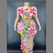 Sleeveless Dress Rhinestone Floral Skirt Stage Costume