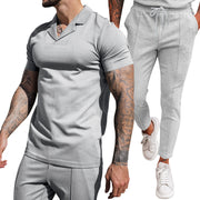 V Neck Casual Lapel Shirt Men's Short Sleeve Pants Suit (top and bottom)