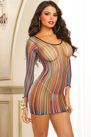 Gay Pride Rainbow Mesh Slip On Dress Body Stocking Sexy See Through Hollow Out