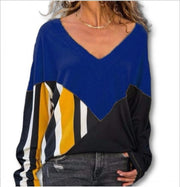 Stitching V-neck Long Sleeve Loose Plus Size Women's Clothing