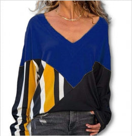 Stitching V-neck Long Sleeve Loose Plus Size Women's Clothing