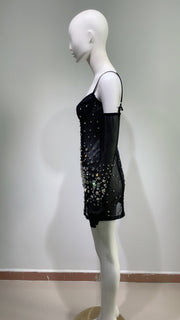 Drag Queen Dress, Drag Queen Gown, Drag Queen Outfit, Drag Queen Clothing, Rhinestone Fashionable Gloves Sexy Black Mesh Suspenders Dress