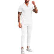 V Neck Casual Lapel Shirt Men's Short Sleeve Pants Suit (top and bottom)