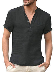 Gay Men's Muscle Fit Casual Linen Solid Color Shirt Button V Neck Beach Shirt Men Summer Tops