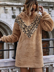 Women's New Leopard Print Stitching Hooded Pullover Mid-length Long-sleeved Plush Jacket