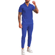 V Neck Casual Lapel Shirt Men's Short Sleeve Pants Suit (top and bottom)