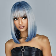 Wig With Bangs Gradient Blue Short Straight Hair