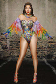 Rhinestone Tassel Tight Jumpsuit Bar Nightclub Performance Wear