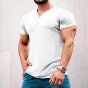 Gay Men's Muscle Fit Shirts, Men's Casual Henley Round Neck Short Sleeve Solid Color T-Shirt