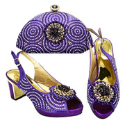 Block Heel Buckle Sandals With Rhinestone Bag