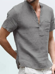 Gay Men's Muscle Fit Casual Linen Solid Color Shirt Button V Neck Beach Shirt Men Summer Tops