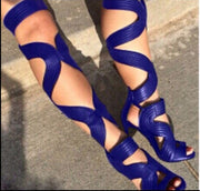 Long Stiletto Peep Toe Shoes S-type Thick Strap Wrap Around Sandal Boots