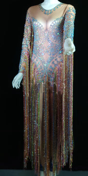 Female Singer Hosting Rhinestone Elastic Color One-piece Tassel Performance Costume