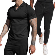 V Neck Casual Lapel Shirt Men's Short Sleeve Pants Suit (top and bottom)