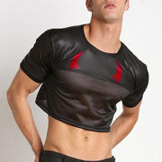 Men's Leather Mesh Panel High Waist Half T-Shirt