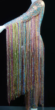 Female Singer Hosting Rhinestone Elastic Color One-piece Tassel Performance Costume
