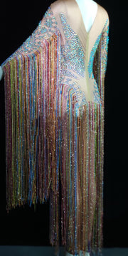 Female Singer Hosting Rhinestone Elastic Color One-piece Tassel Performance Costume
