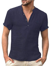 Gay Men's Muscle Fit Casual Linen Solid Color Shirt Button V Neck Beach Shirt Men Summer Tops